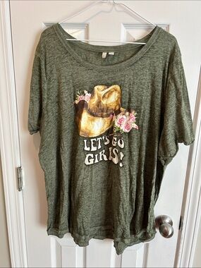 Cato Olive Green Short Sleeve Tee with Graphic Cowgirl Hat and Floral Accents